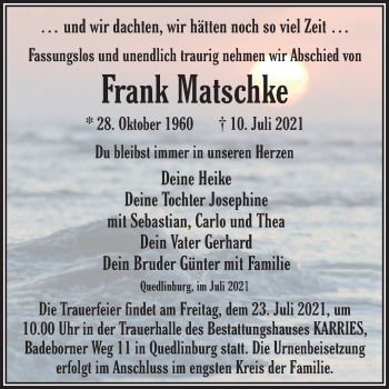 Traueranzeige von Frank Matschke von Trauerkombi Quedlinburg