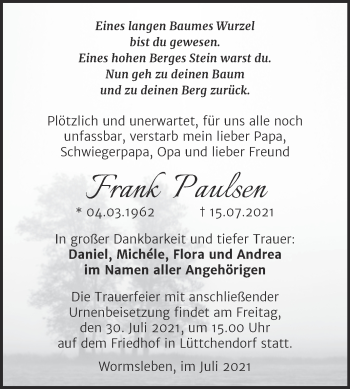 Traueranzeige von Frank Paulsen von Trauerkombi Mansfelder Land