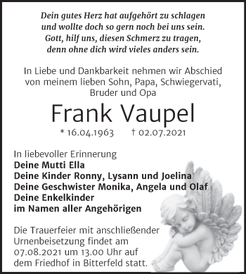 Traueranzeige von Frank Vaupel von Trauerkombi Bitterfeld