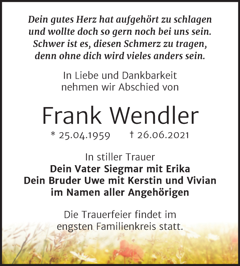  Traueranzeige für Frank Wendler vom 14.07.2021 aus Trauerkombi Bitterfeld