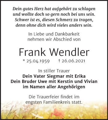 Traueranzeige von Frank Wendler von Trauerkombi Bitterfeld