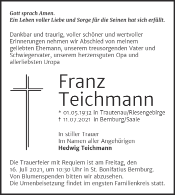 Traueranzeige von Franz Teichmann von Mitteldeutsche Zeitung Salzlandkreis