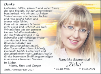 Traueranzeige von Franziska Blumenthal von Trauerkombi Quedlinburg