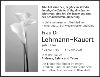 Traueranzeige von Frau Lehmann-Kauert von Mitteldeutsche Zeitung Dessau-Roßlau