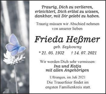 Traueranzeige von Frieda Heßmer von Trauerkombi Sangerhausen