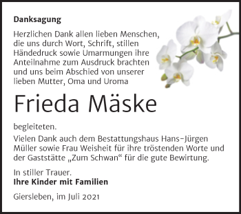 Traueranzeige von Frieda Mäske von Trauerkombi Aschersleben