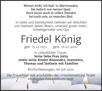 Traueranzeige von Friedel König von Wochenspiegel Naumburg/Nebra