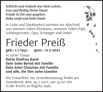 Traueranzeige von Frieder Preiß von Trauerkombi Merseburg
