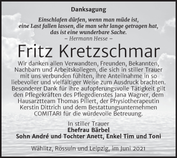 Traueranzeige von Fritz Kretzschmar von Trauerkombi Weißenfels