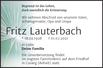 Traueranzeige von Fritz Lauterbach von Trauerkombi Wittenberg