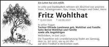 Traueranzeige von Fritz Wohlthat von Trauerkombi Mansfelder Land