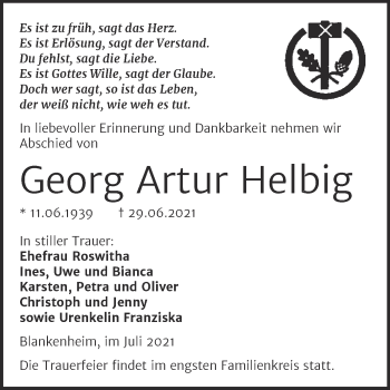 Traueranzeige von Georg Artur Helbig von Trauerkombi Sangerhausen