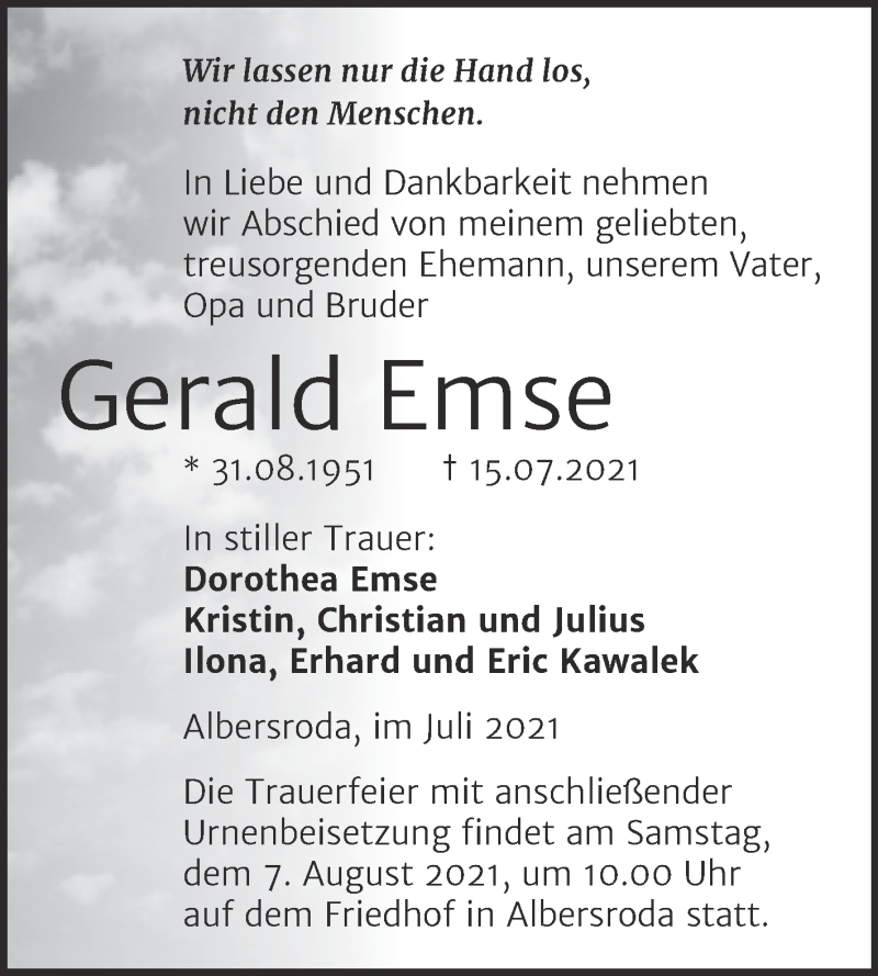  Traueranzeige für Gerald Emse vom 24.07.2021 aus Trauerkombi Merseburg