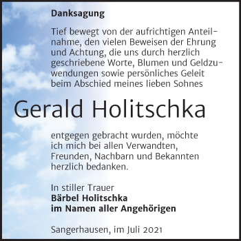 Traueranzeige von Gerald Holitschka von Trauerkombi Sangerhausen