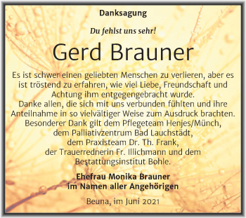 Traueranzeige von Gerd Brauner von Trauerkombi Merseburg