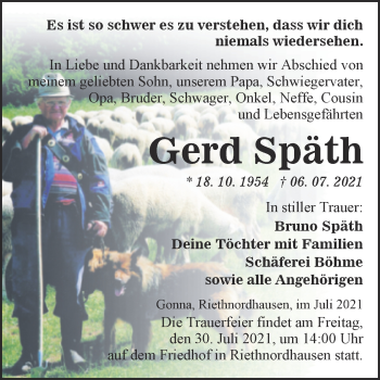 Traueranzeige von Gerd Späth von Trauerkombi Sangerhausen