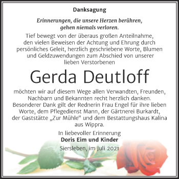 Traueranzeige von Gerda Deutloff von Trauerkombi Mansfelder Land