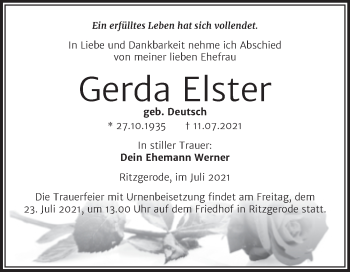 Traueranzeige von Gerda Elster von Trauerkombi Mansfelder Land