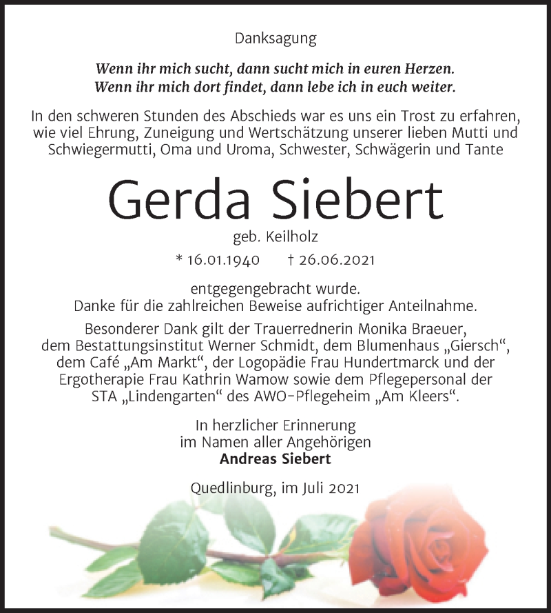  Traueranzeige für Gerda Siebert vom 24.07.2021 aus Trauerkombi Quedlinburg