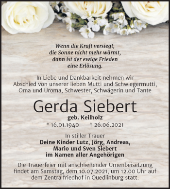 Traueranzeige von Gerda Siebert von Trauerkombi Quedlinburg