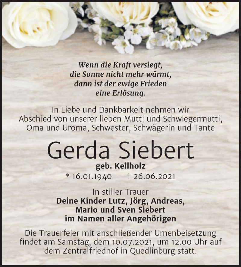  Traueranzeige für Gerda Siebert vom 03.07.2021 aus Trauerkombi Quedlinburg