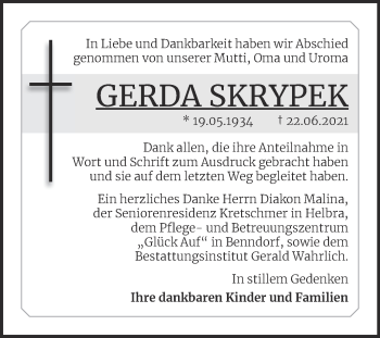 Traueranzeige von Gerda Skrypek von Trauerkombi Mansfelder Land