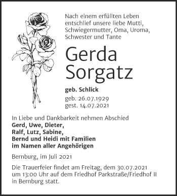 Traueranzeige von Gerda Sorgatz von Trauerkombi Bernburg