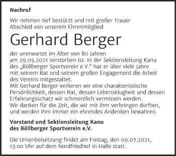 Traueranzeige von Gerhard Berger von Mitteldeutsche Zeitung Halle/Saalkreis