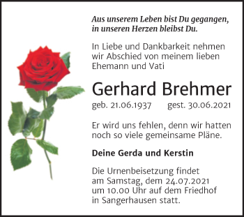Traueranzeige von Gerhard Brehmer von Trauerkombi Sangerhausen
