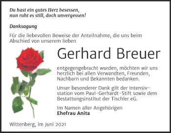 Traueranzeige von Gerhard Breuer von Trauerkombi Wittenberg