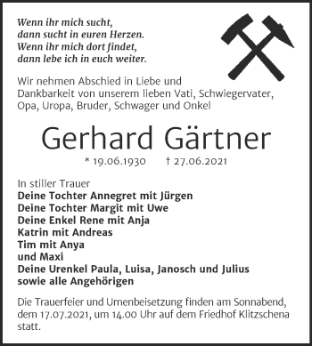 Traueranzeigen von Gerhard Gärtner www.abschiednehmen.de