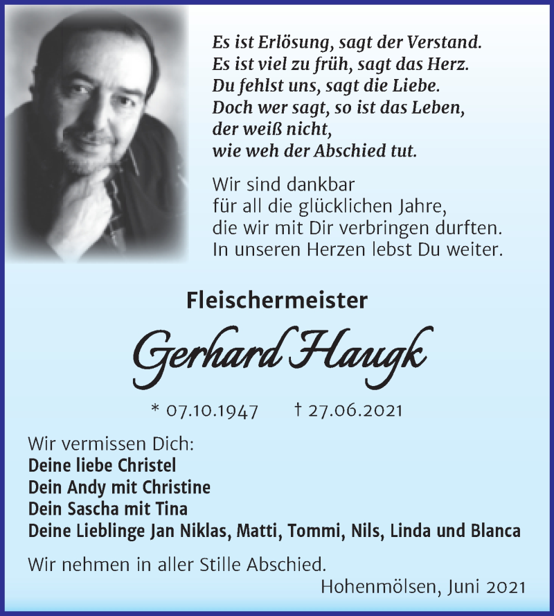  Traueranzeige für Gerhard Haugk vom 03.07.2021 aus Trauerkombi Weißenfels