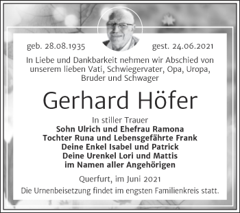 Traueranzeige von Gerhard Höfer von Trauerkombi Merseburg