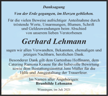 Traueranzeige von Gerhard Lehmann von Trauerkombi Aschersleben