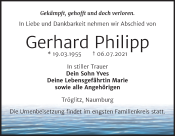 Traueranzeige von Gerhard Philipp von Wochenspiegel Naumburg/Nebra