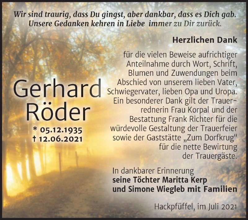  Traueranzeige für Gerhard Röder vom 09.07.2021 aus Trauerkombi Sangerhausen