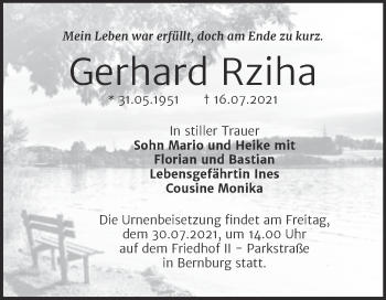 Traueranzeige von Gerhard Rziha von Trauerkombi Bernburg