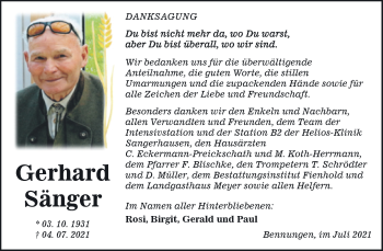Traueranzeige von Gerhard Sänger von Trauerkombi Sangerhausen