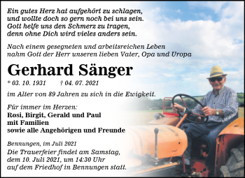 Traueranzeige von Gerhard Sänger von Mitteldeutsche Zeitung Sangerhausen