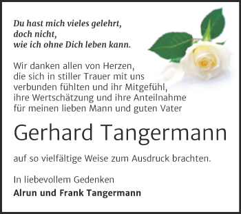 Traueranzeige von Gerhard Tangermann von Trauerkombi Aschersleben