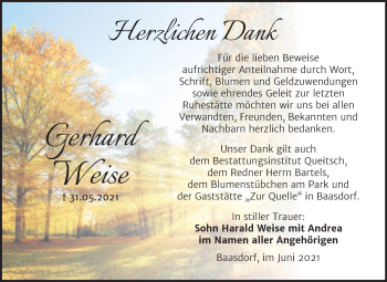 Traueranzeige von Gerhard Weise von Trauerkombi Köthen