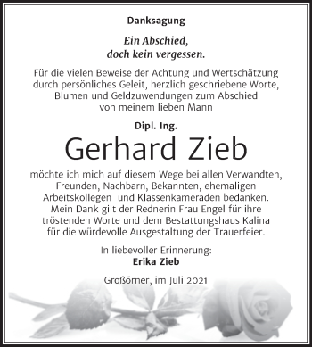 Traueranzeige von Gerhard Zieb von Trauerkombi Mansfelder Land