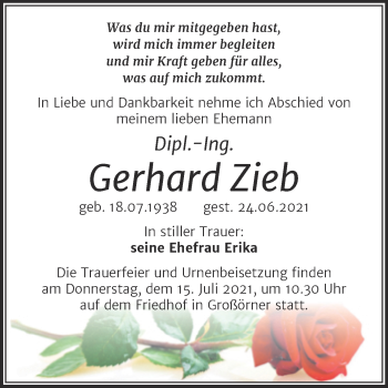Traueranzeige von Gerhard Zieb von Trauerkombi Mansfelder Land