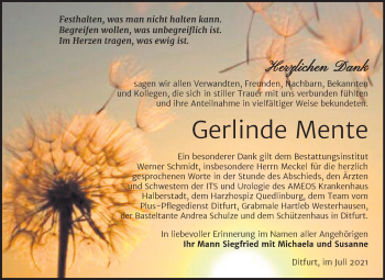 Traueranzeige von Gerlinde Mente von Trauerkombi Quedlinburg