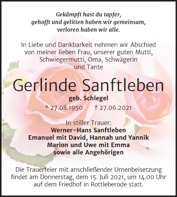Traueranzeige von Gerlinde Sanftleben von Trauerkombi Sangerhausen