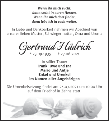 Traueranzeige von Gertraud Hädrich von Trauerkombi Wittenberg
