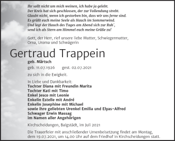 Traueranzeige von Gertraud Trappein von Wochenspiegel Naumburg/Nebra
