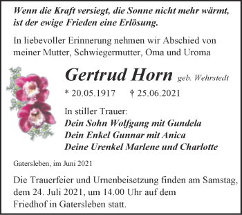 Traueranzeige von Gertrud Horn von Trauerkombi Aschersleben