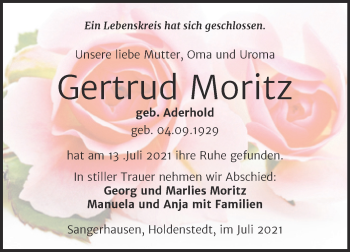 Traueranzeige von Gertrud Moritz von Trauerkombi Sangerhausen