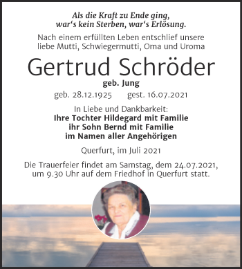 Traueranzeige von Gertrud Schröder von Mitteldeutsche Zeitung Merseburg/Querfurt